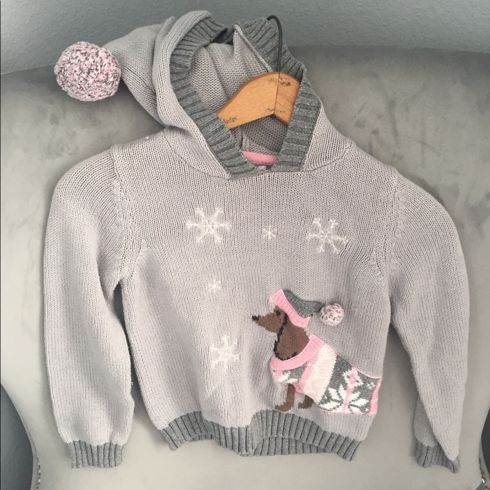 Girls 6X Knit Sweater Hoodie w/ snow Wiener dog